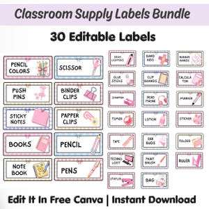 Puede incluir: Un paquete digital de 30 etiquetas editables para material escolar con una paleta de colores rosa y azul y detalles de lazos. Cada etiqueta rectangular incluye texto y un icono gráfico correspondiente para artículos como lápices, tijeras, pegamento y libros.