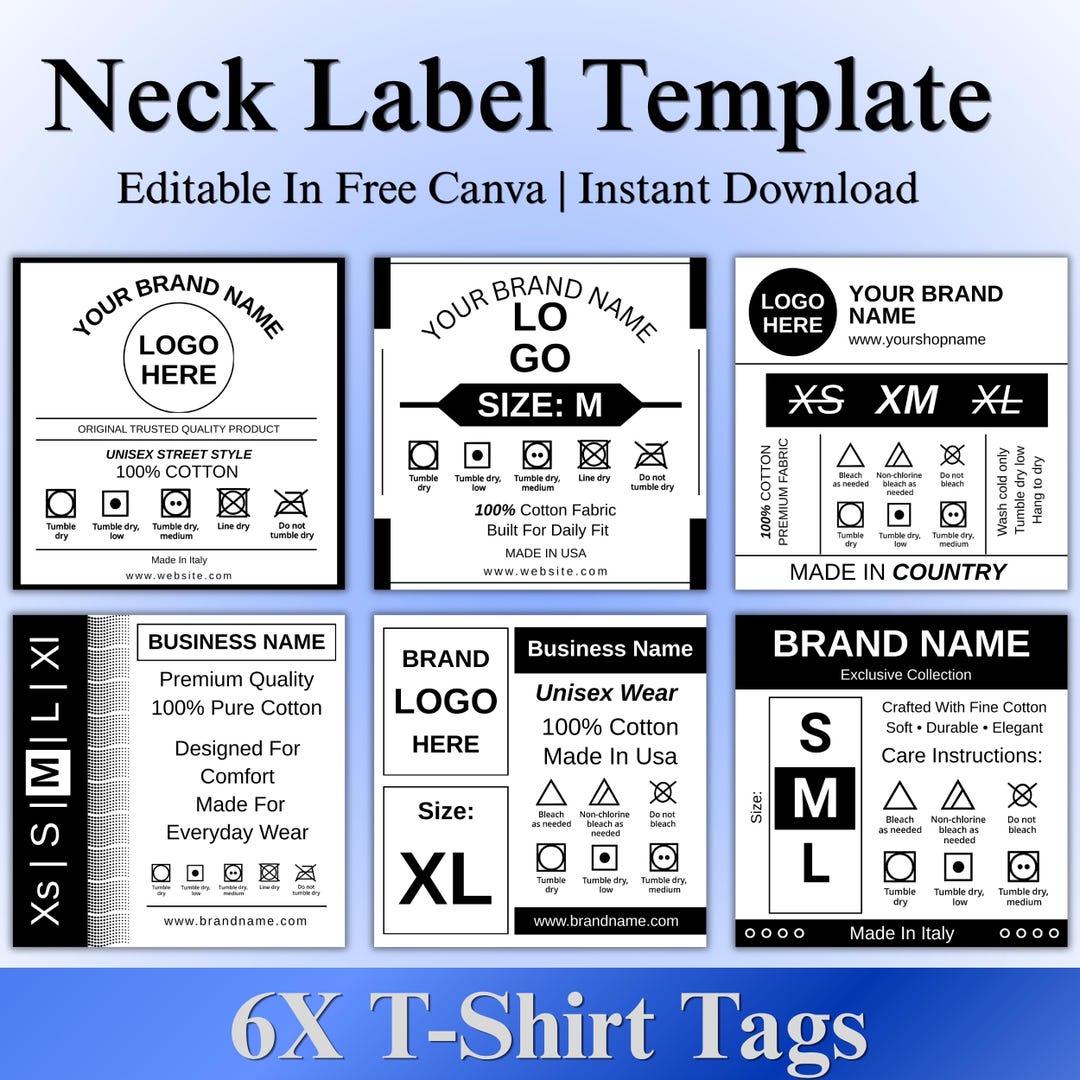 Editable Clothing Neck Tag Template Bundle, Printable Garment Label Set ...