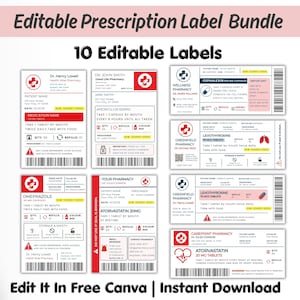 May include: A digital bundle of 10 editable prescription labels featuring various pharmacy names, medication details, patient information fields, barcodes, and safety warnings. The designs use red, black, and white color schemes with medical icons.