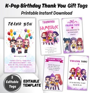Op de afbeelding: Vijf rechthoekige cadeaulabels met chibi-personages in K-popstijl, kleurrijke ballonnen en confetti. Elk label bevat de tekst THANK YOU en diverse dankbetuigingen. De ontwerpen worden gepresenteerd als een printbaar digitaal sjabloon.