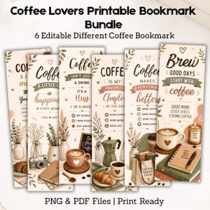 Puede incluir: Un paquete de seis marcapáginas imprimibles con ilustraciones y texto sobre café. Cada marcapáginas muestra varios diseños que incluyen tazas de café, cruasanes, plantas y cuadernos en tonos neutros suaves con frases como Brew Good Days.