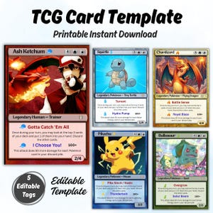 Peut inclure: Un modèle de carte TCG à télécharger et imprimer comprenant cinq cartes à collectionner modifiables. Les cartes présentent des illustrations d'Ash Ketchum, Squirtle, Charizard, Pikachu et Bulbasaur avec des champs de texte, des capacités et des statistiques.
