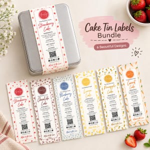 Puede incluir: Un juego de seis etiquetas rectangulares para moldes de pastel con diseños de fresa, chocolate, arándano, limón, piña y zanahoria. Cada etiqueta incluye espacio para logo, ingredientes, peso neto de 226 g, dirección y un código QR.