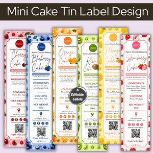 May include: Six rectangular cake tin labels featuring fruit illustrations and text for Cherry, Blueberry, Orange, Kiwi, Mango, and Strawberry flavors. Each label includes a logo, ingredients list, net weight of 200g, address, and a QR code.