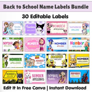 May include: A collection of 30 rectangular editable name labels featuring various cartoon characters, including Frozen, Sonic, SpongeBob, and Batman. Each label includes text fields for 'Nombre' and 'Apellidos' with colourful, themed backgrounds.