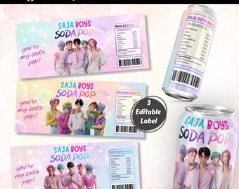 Editable K-Pop Boy Band Soda Can Labels, 3 Pastel Anime Birthday Party Drink Wraps, Printable Canva Template, Digital Download