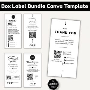 Könnte beinhalten: Eine Sammlung von fünf rechteckigen, weißen Etikettenvorlagen mit schwarzem Text und QR-Codes. Die Designs enthalten Phrasen wie Thank You, Scan to Connect und Social-Media-Symbole. Ein kreisförmiges Abzeichen zeigt 5 Editable Tags an.