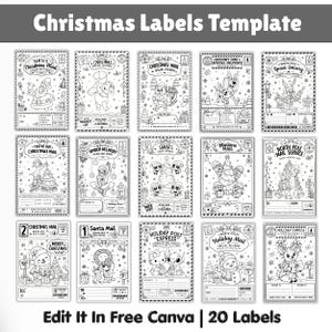Op de afbeelding: Een digitaal sjabloon met 15 zwart-wit kerstlabels met diverse stripfiguren, feestelijke motieven en tekstvelden voor namen. De koptekst luidt Christmas Labels Template en onderaan staat Edit It In Free Canva 20 Labels.