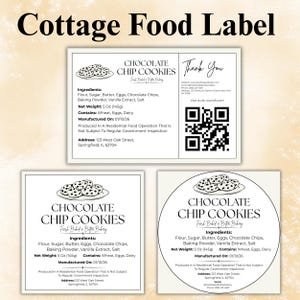 May include: Three labels for "Chocolate Chip Cookies" with ingredient lists, net weight of 5 oz (145g), and manufacturing details. The labels include the text "Fresh Baked & Butter Bakery" and a QR code.