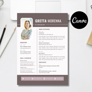 May include: A professional resume template with a clean design. The resume includes a photo of a woman, the name "Gretta Morenna", and sections for work experience, education, skills, and certifications. The Canva logo is visible.