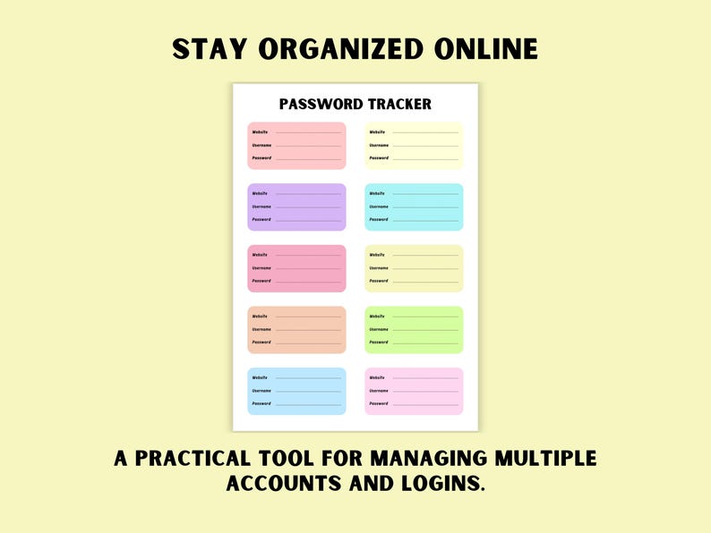 Colorful Password Tracker Printable Website Login Organizer Page Bright ...