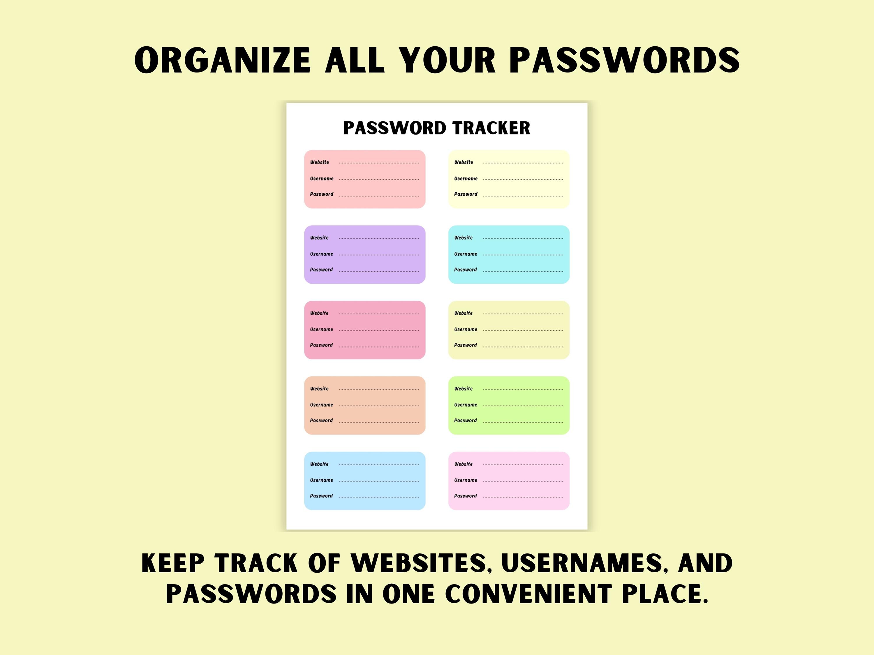 Colorful Password Tracker Printable Website Login Organizer Page Bright ...