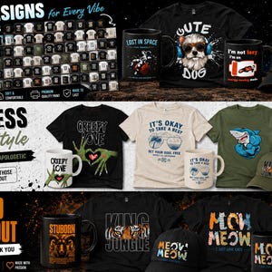 May include: A collection of apparel and drinkware featuring various graphic designs including a dog with headphones, a shark, a tiger, and cats. The items include black, olive green, and cream t-shirts, baseball caps, and ceramic mugs.