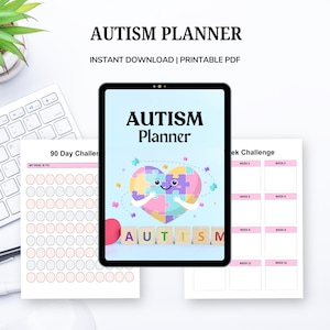 Peut inclure: Un planificateur d'autisme avec le titre "AUTISM PLANNER" en noir. Le planificateur présente un puzzle en forme de cœur avec un visage souriant. Les mots "INSTANT DOWNLOAD | PRINTABLE PDF" sont également visibles.