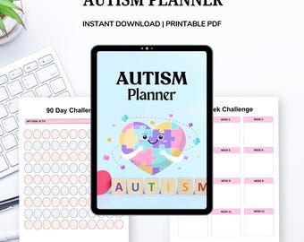 May include: An Autism Planner with the title "AUTISM PLANNER" in black font. The planner features a heart-shaped puzzle with a smiling face. The words "INSTANT DOWNLOAD | PRINTABLE PDF" are also visible.