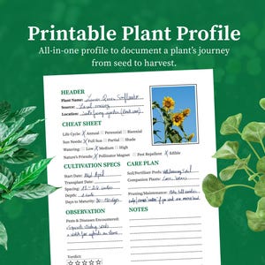 Könnte beinhalten: Ein druckbares Pflanzenprofil mit dem Text "Printable Plant Profile" und "All-in-one profile to document a plant's journey from seed to harvest." Das Profil enthält ein Foto von Sonnenblumen und Abschnitte für Pflanzendetails.
