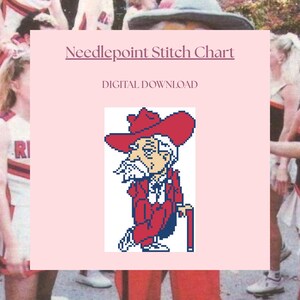 May include: A needlepoint stitch chart digital download featuring a pixelated illustration of a mascot character wearing a red cowboy hat and a red suit, leaning on a red cane. The text Needlepoint Stitch Chart and DIGITAL DOWNLOAD are visible.
