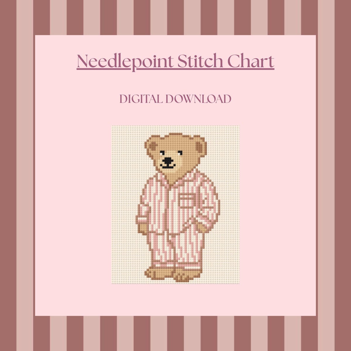 Pink Striped Pajama Bear - Digital Needlepoint Chart - PDF Download