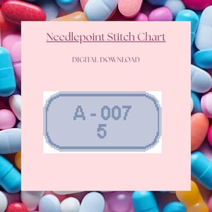 May include: A digital needlepoint stitch chart featuring the text Needlepoint Stitch Chart and DIGITAL DOWNLOAD. The center displays a light blue pill-shaped graphic containing the pixelated text A-0075 against a soft pink background.