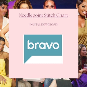 May include: A digital download needlepoint stitch chart featuring the text Needlepoint Stitch Chart and DIGITAL DOWNLOAD above a teal square containing the white pixelated text bravo. The background is a light pink square overlaying a collage.