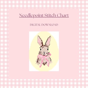 May include: A digital needlepoint stitch chart featuring a pixelated bunny with a pink bow, set against a yellow oval. The text "Needlepoint Stitch Chart" and "Digital Download" are displayed on a pink gingham background.