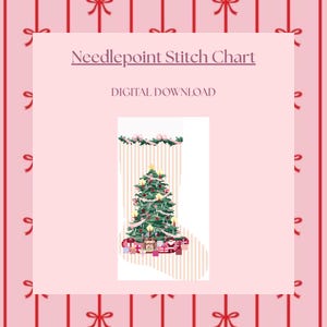 May include: A needlepoint stitch chart digital download featuring a Christmas stocking design. The stocking has a light pink and white striped background with a green Christmas tree, ornaments, candles, and gifts at the base.