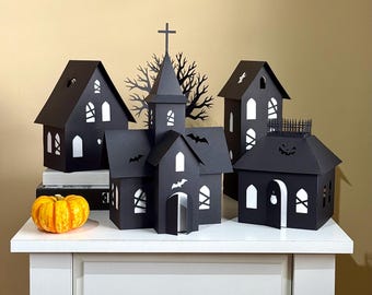 Village de maisons d'Halloween SVG : 3 maisons hantées, église, arbre (téléchargement numérique)