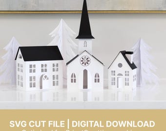 Christmas Village SVG for Cricut | No-Glue Interlocking Paper Houses, Fold Flat Storage | Church, 2 Houses + Tree