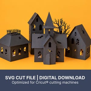 Könnte beinhalten: Ein Set aus vier schwarzen Papierstrukturen mit Ausschnitten von Fledermäusen, Spinnen und Bogenfenstern, die von innen beleuchtet werden. Der Text SVG CUT FILE | DIGITAL DOWNLOAD Optimized for Cricut cutting machines ist unten zu sehen.