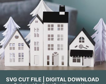 Pacote de arquivos SVG para Cricut com tema de vila natalina nórdica | 5 luminárias de papel em formato de casinha | Decoração natalina faça você mesmo