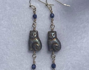 cat czech glass dangle earrings - silver or gold wire wrapped chain - handmade