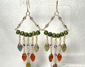 nature leaves chandelier earrings - czech glass and wood - orange purple and green wire wrapped dangle earrings - gold hardware - handmade