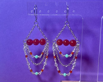 showgirl chandelier earrings - carnelian and crystals - orange and mint green chain dangle earrings - silver or gold hardware - handmade