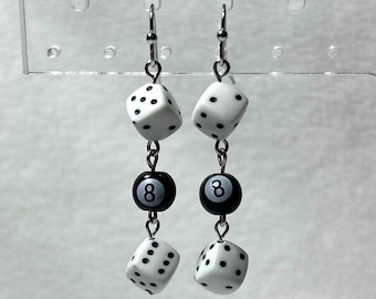 dice 8 ball vegas casino dangle earrings - silver or gold - handmade