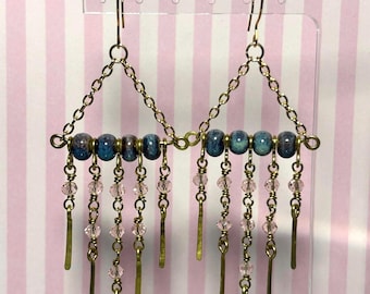blue, purple, and pink chandelier earrings - pink crystals and blue/purple porcelain beads - gold and brass hardware - handmade