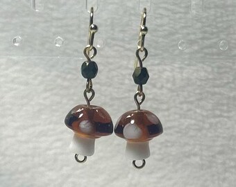 lampworked mushroom & czech glass dangle earrings - silver or gold - handmade
