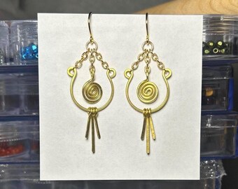 metal swirl chandelier earrings - brass and gold - elegant whimsical dangle earrings - handmade wire working