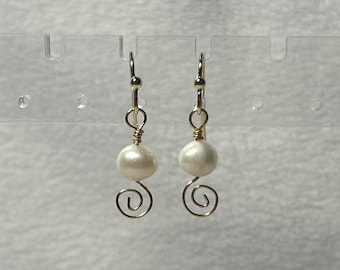 pearl spiral dangle earrings - silver or gold wire wrapped chain - handmade