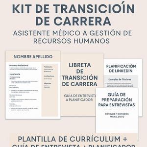 May include: A collection of career transition guides and templates. The image features several documents with titles like "Resume," "LinkedIn Planning," and "Interview Preparation." The color scheme is primarily white and beige with dark blue text.
