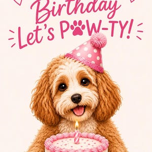 Könnte beinhalten: Ein hellbrauner und weißer Hund mit lockigem Fell trägt einen rosa gepunkteten Partyhut mit Bommel. Der Hund steht hinter einer rosa Geburtstagstorte mit einer brennenden Kerze. Der Text lautet: It's Your Birthday Let's P-W-TY! mit zwei Herzen.