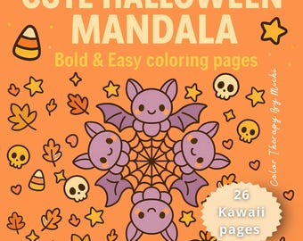 印刷可能なハロウィーンのマンダラ塗り絵、かわいいカボチャ、幽霊、月。大胆で簡単な塗り絵ページ（PDF/PNGですぐにダウンロード可能）