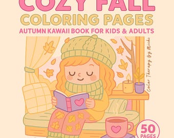 Può includere: Copertina di un libro con il testo "COZY FALL COLORING PAGES" e "AUTUMN KAWAII BOOK FOR KIDS & ADULTS". Un'illustrazione di una persona che legge un libro con un cuore sulla copertina, una tazza di tè e foglie d'autunno.