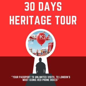 Peut inclure: Visuel promotionnel rouge et blanc pour une visite du patrimoine de 30 jours. L'image présente un trou de serrure révélant une scène miniature de Londres, avec une cabine téléphonique rouge et un avion avec un ballon. Le texte dit "30 JOURS HERITAGE TOUR".