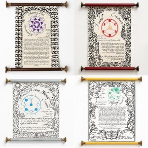 May include: Four decorative scrolls with brass hardware. Each scroll features unique artwork and text, including geometric shapes and botanical designs. The scrolls are in shades of brown, red, gray, and yellow.