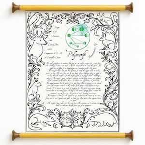 May include: A decorative scroll with a wooden rod and finials. The scroll features a black and white illustration of woodland creatures and ornate floral designs. The text includes the word "Paymorph" and other handwritten text.