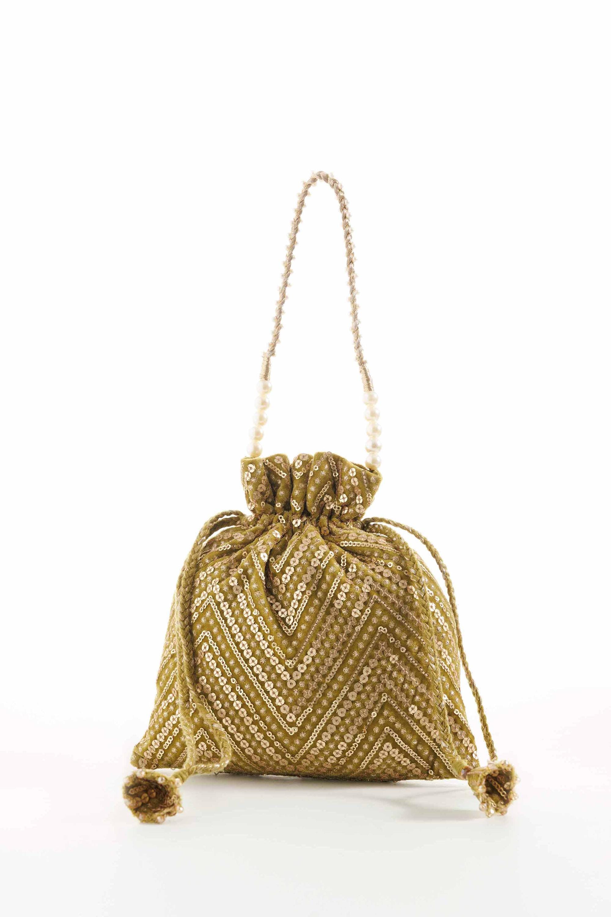 Gold Sequin Velvet Potli Bag: Chevron Zardosi Embroidery, Tassels
