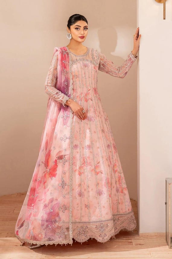 Pastel Pink Anarkali Suit: Silver Embroidery, Flowing Chiffon