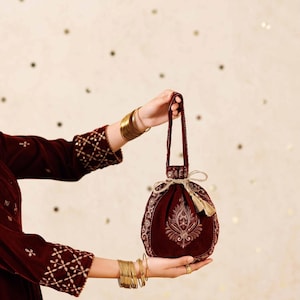 Embroidered Velvet Pouch: Burgundy with Zardosi Gota Work - Floral Motifs