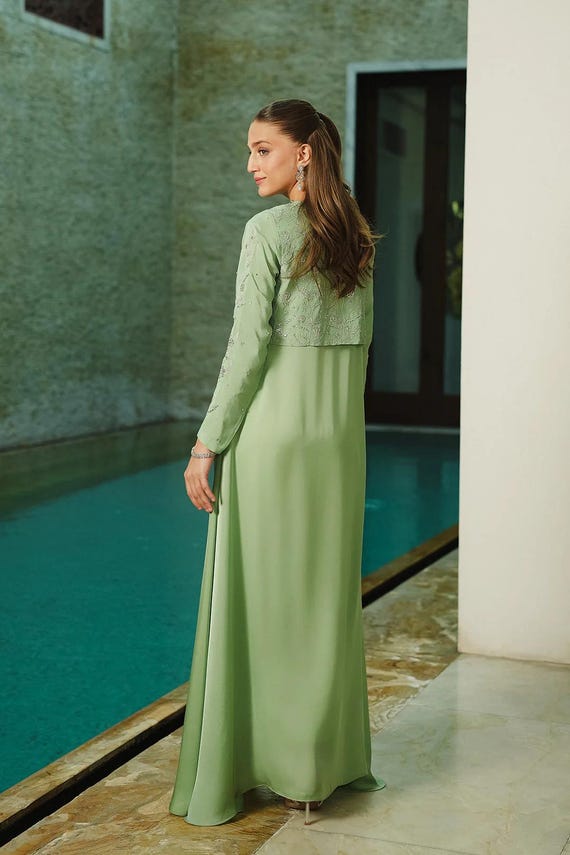 Mint Green Silk Dress Set With Embroidered Jacket