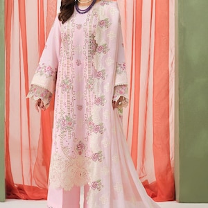 Embroidered Lawn Suit: Rose Pink Floral Design (3-Piece Set)